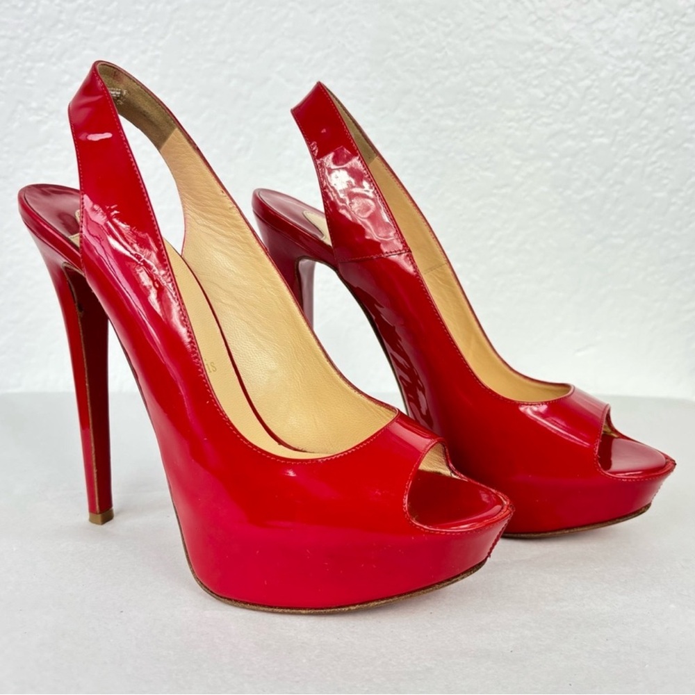 {Christian Louboutin} Red No Prive Patent Leather Platform Slingbacks, Size 38.5